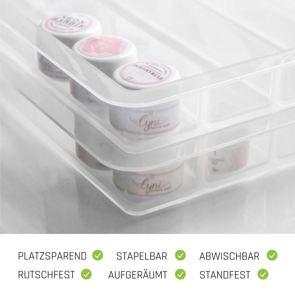 Sortierbox groß 5 Stück + GRATIS GESCHENK als Ordnungsystem und Aufbewahrungsbox stapelbar für Nageldesign Gel Tiegel, Farbgel, Gellack, Nailart in transparent aus Plastik · Lynis-Nailshop.de