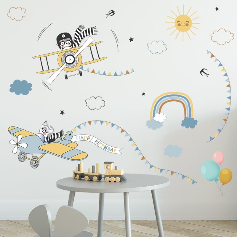 Image of Adorable Flying Airplane Bunny Rabbit Nursery Mural Wallpaper with Sun, Rainbow, Balloons, Happy Birthday Garland and Clouds Background Children's Bedroom, Playroom D�cor