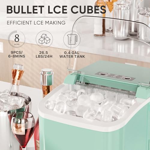 DUMOS Countertop Ice Maker with Handle, 26lbs/24H Portable Ice Machine, 9 Bullet Ice Cubes Ready in 6 Mins, Self-Cleaning, Quiet Compact Ice Maker for Home, Kitchen, RV, Camping, Green