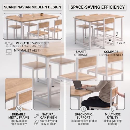 Image of FFO 4 Seater Dining Table Set for Home, Compact Space Saving Dining Table with 4 Chairs, Metal Frame & Engineered Wood Top, Modern Kitchen Table Set for Dining Room, Apartment & Small Spaces