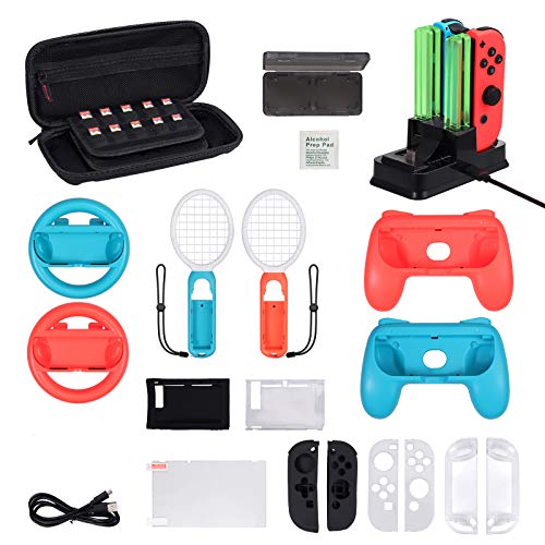 Preisvergleich Produktbild Switch Zubehör Set, Schalter Lenkrad Ladestation Tennisschläger Joystick Griffe Display Schutzhülle 17 In 1 Zubehör Kit Kompatibel mit Switch -LiNKFOR