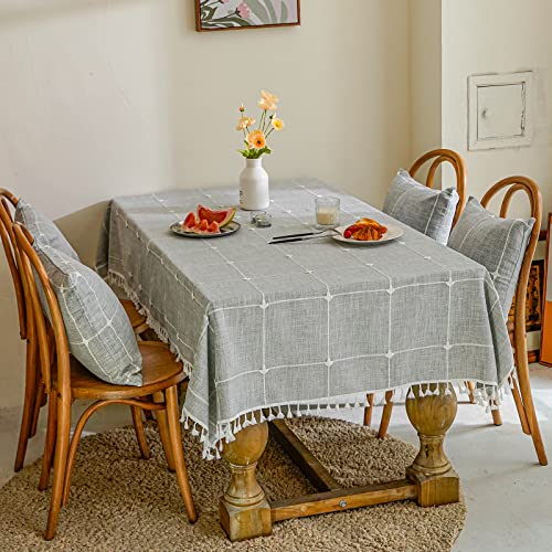 Mokani Solid Embroidery Checkered Table Cloth Washable Cotton Linen Tassel Tablecloth, Rectangle Wrinkle Free Anti-Fading Table Cover For Kitchen Dinning Thanksgiving Christmas (55 X 70 Inch, Gray) #TOP1