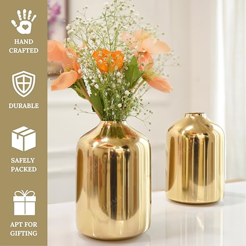 Image of Behoma Metal Flower Vase Set of 2 pcs for Home Decor Bedroom Living Room Office Wedding | Table Decorative Item for Festivals Birthday Gold (Flower Not Included, Modern)