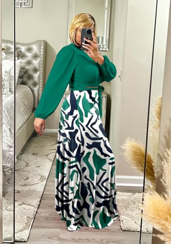 Image of Plus Size Women's 2 Piece Outfits Casual Long Sleeve Wrap Crop Top Maxi Long Dress Flowy Matching Sets