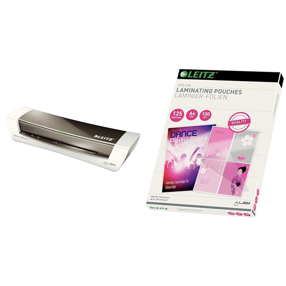 Leitz, Laminator iLAM Home Office A4, Odpwiedni do Domowego Biura, Kolor Szary, 73680089 & Leitz 74300002 Folia Do Laminatorów, Bezbarwny, 100 Sztuk
