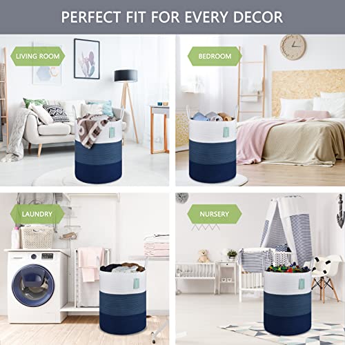 Image of Large Cotton Rope Laundry Hamper for Clothes 65L, White & Blue | 16 inchx 20 inch, Tall Woven Storage Basket for Nursery, Bedroom & Living Room; Stores Clothes, Blankets, Pillows, Toys & Towels