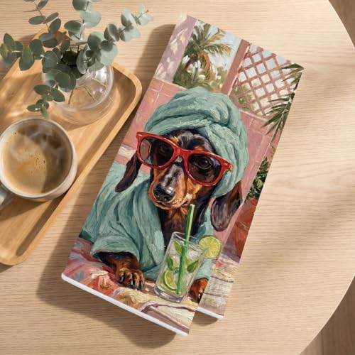 Image of 2 Pcs Funny Dachshund Hand Towels, Dachshund Gifts Reusable Dish Towels | Waffle Weave Absorbent Hand Towel for Bathroom Decor, Cute Weiner Dog Gifts for Women Mom Friend 24x14 Inch