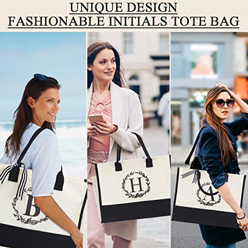 Initial Canvas Tote Bag, Personalized Gift Bag, Bride Tote Bag With Shoulder Strap For Weddings, Birthdays, Beach, Shopping, Great Gift For Women, Mothers, Teachers, Friends, Bridesmaids (H) #TOP4