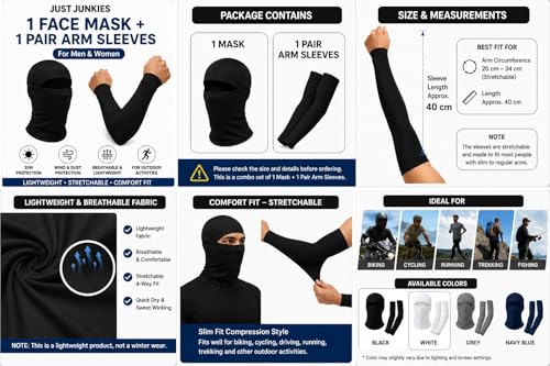 Image of Face Mask with 1 Pair Arm Sleeves for Men & Women | Breathable Stretchable Fabric for Biking, Cycling, Running, Riding & Outdoor Use | Sun Dust Protection Combo Set