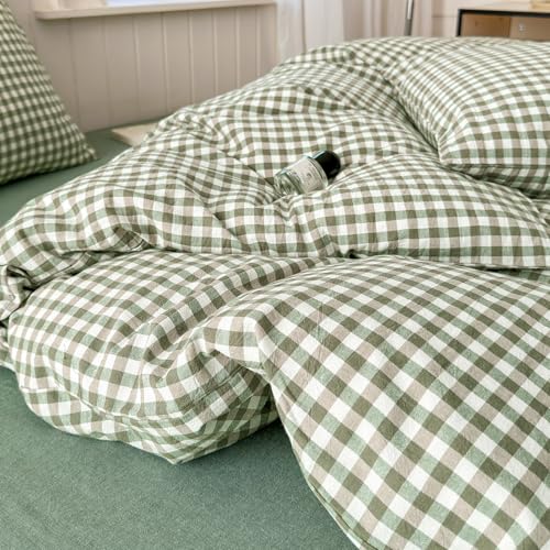 Image of LifeTB Green Gingham Comforter Set Full Size Boho Plaid Checkered Pattern Comforter Geometric Grid Plaid Printed Bedding Comforter Set with 2 Pillowcases Fluffy Soft Gingham Bedding Set Full Size