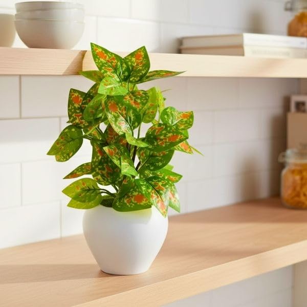 Image of fancymart Artificial Plant Leaves in Apple Pot (30 cm Height) | Small Potted Plant for Office Desk | Home Decor for Living Room | Cafe & Restaurant Table Decoration