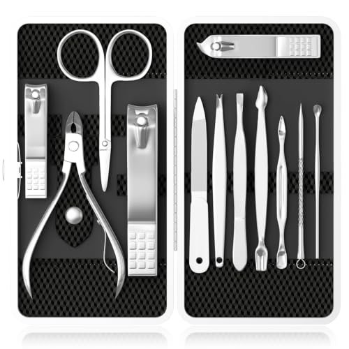 ZIZZON Manicure, Pedicure Kit, Nail Clippers Set of 12Pcs, Professional Grooming Kit, Nail Tools with Luxurious Travel Case Black