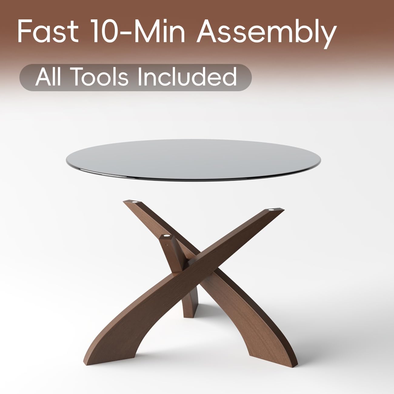 Honyee Glass Coffee Table, 30.7” Round Coffee Table with Tempered Glass Top, Walnut Wood X-Shaped Base, Stable Modern Center Table for Living Room, Apartment and Small Spaces - Image 6