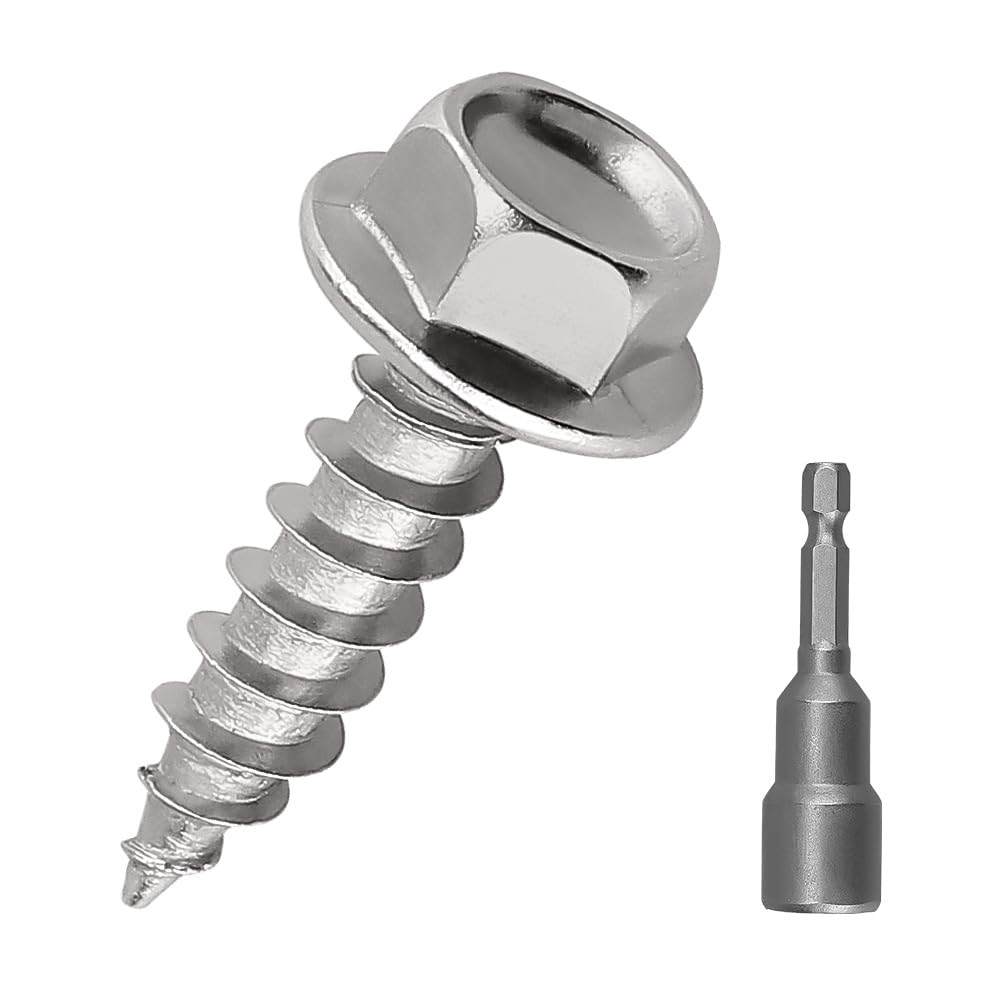 #12 x 1 Hex Flange Head Wood Screws, 410 Stainless Steel Self Tapping Screws, Hex Bit Included (50-Pack)