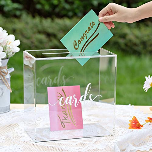 Image of UNIQOOO Clear Acrylic Card Box w /Slot, Thick DIY Wedding Box Blank White Print, Large 10x10x5.5 in, for Reception Decoration Fundraiser Money Box Election Ballot Graduation Keepsake Party Favor