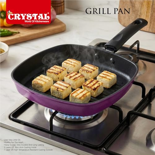 Image of Crystal Aluminium Non Stick Grill Pan 225 mm for Kitchen | PFOA and Chemical Free | Low Oil Cooking | Gas Stove Compatible | 3 Layer Coating