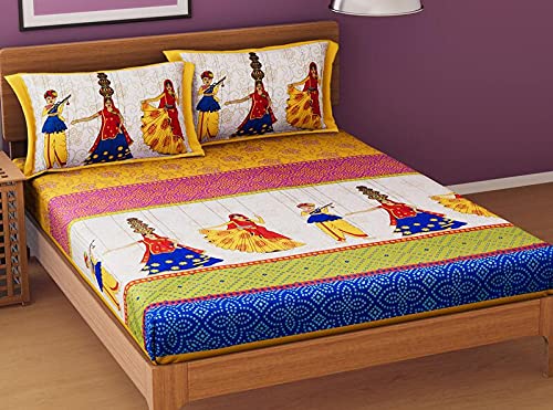 Aarohi Home - Rajasthani Jaipuri Kathputli Print 144 TC Cotton Double Bedsheet with 2 Pillow Covers