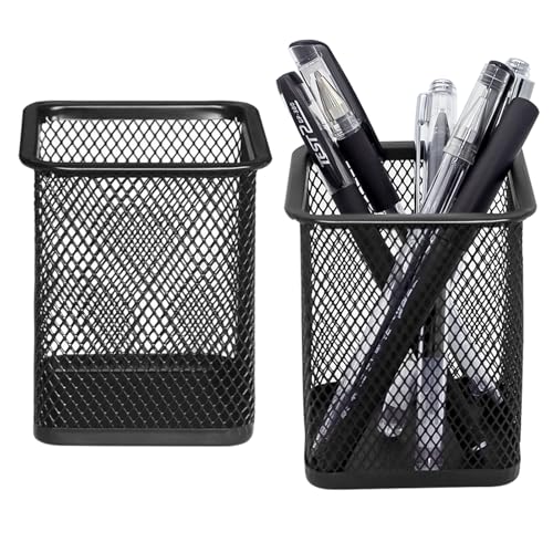 DARUITE Pen Pot, 2PCS Square Metal Mesh Pen Holer for Desk Multifunctional Pencil Pot, Desk Tidy Organiser for Office Home School Black