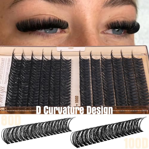 Geeneiya 16MM Volume Lash Clusters Kit DIY Lash Extension Kit D Curl Eyelash Extensions with Waterproof Lash Bond and Seal Waterproof Tweezers,Only 16MM, 80D+100D
