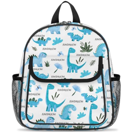 Personalized-Toddler-Backpack - Custom Kids Backpack for Boys & Girls 3-6 Years, Lightweight Polyester with Safety Whistle Strap, Small Daycare Bookbag | Dinosaur Text Cyan