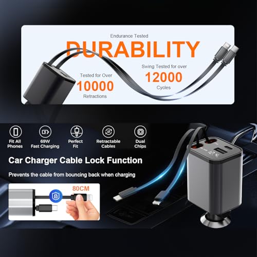 OneFish 12V&24V Retractable Cord 4 in 1 Fast Car Charger, 4Ports (PD30W+PD12W x3), Cigarette Lighter Chargers with USB Type C Ports Display, for iPhone 17 16 Pro Max Plus/iPad, Car Truck Essentials — view 6