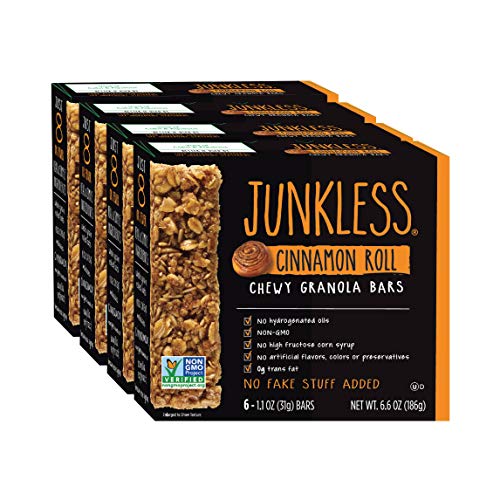 JUNKLESS Chewy Granola Bars, Cinnamon Roll, 24 bars (6 x 1.1 oz bars/box â€“ 4 boxes), Non-GMO, low sugar, great tasting, made for kids & families