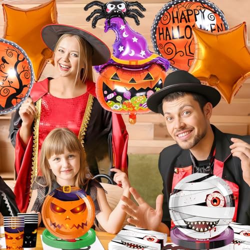 Halloween Party Tableware Set for 10 Halloween Paper Plates & Balloons Kit with Plates,Cups,Napkins,Tablecloth, Banner & Foil Balloons Trick-or-Treat Theme Party Supplies for Kids & Adults - Image 7