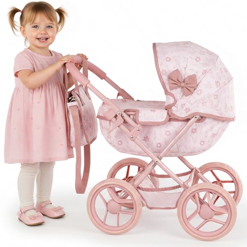 Kinderplay Puppenwagen für Mädchen ab 3 Jahren, tiefer Puppen Kinderwagen mit Babywanne, faltbar mit Schaumstoffrädern, verstellbares Dach, Puppenwagen mit Tasche und Unterkorb