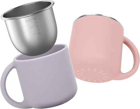 Bakpoco 2-IN-1 Open Toddler Cups, Stainless Steel Baby Cup + Silicone Training Cup for Toddlers Kids Babys Drinking Water, No Plastic | No Soap Smell | Shock-Proof, 2-Pack Blush/Lilac