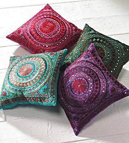 GANESHAM KLAVATE Indian Handmade Mirror Decorative Sofa Boho Chic Bohemian Throw Pillow Case Hand Embroidered Cushion Cover(Set of 4 Piece)
