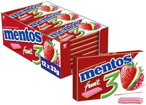 Mentos Kaugummi Fruity Fresh Erdbeere - Grüner Apfel - Himbeere, 12er Pack zuckerfreie Chewing Gum Dragees mit Frucht-Geschmack, Multipack (12 x 14 Stück)