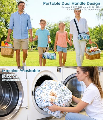 DEWUR Picknickdecke wasserdicht waschbar, Stranddecke Sandfrei XXL Campingdecke Strandmatte isoliert mit wasserdichter Unterseite (Weiß mit Blumen, 200 x 200 cm)