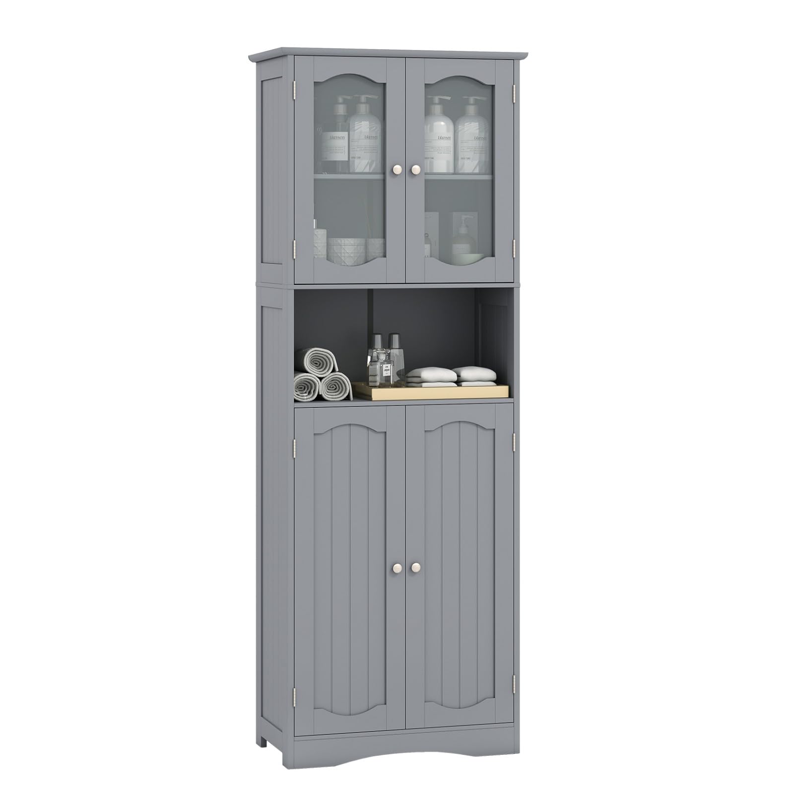 LIFEZEAL Armario Alto para Baño Independiente con Puertas de Cristal, Armario de Baño con Estantes Ajustables, Organizador de Almacenamiento para Cocina, Salón, Oficina, 60 x 30 x 164 cm (Gris)