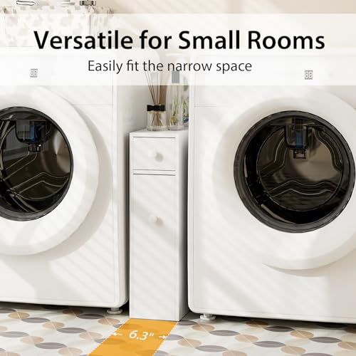 Tangkula Slim Storage Cabinet, Free Standing, with Slide Out Drawers, Narrow Floor Bathroom Organizer Next to Toilet, Toilet Paper Holder, 19 x 6.5 x 23 Inches (White) - Image 6