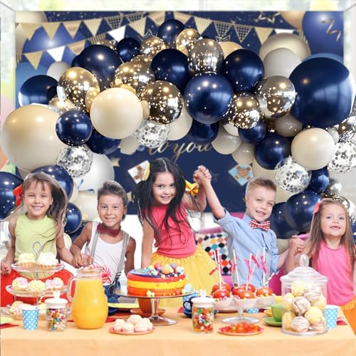 Image of Navy Blue Silver Balloon Arch Kit, Pearl White,129 pcs,Different Size