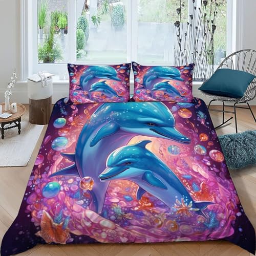 Parure de couette dauphins colorés couvre-lit microfibre luxe Super King