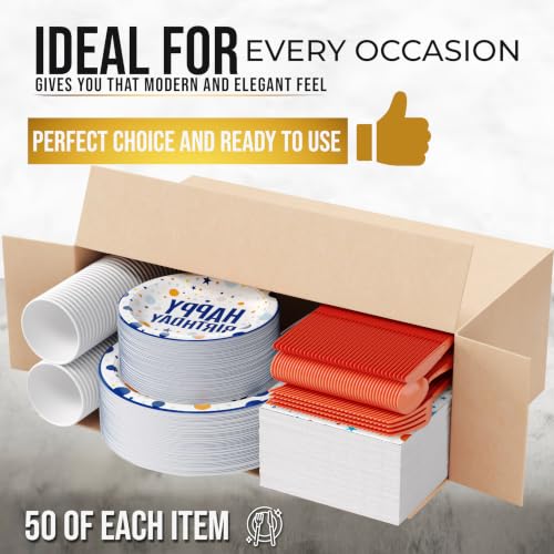 Image of Exquisite 350 Pcs Blue Happy Birthday Plates and Napkins Set, Blue Birthday Plates Set, 50 Of Each 9 inch Dinner Plate, 7 inch Dessert Plate, 12 oz Cups, Napkins & Cutlery Plastic Dinnerware Set Set