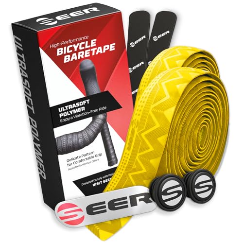 SEER Bike Bar Tape &ndash; New Ultra-Soft Polymer Handlebar Tape for Road & Gravel Bikes, Comfortable Anti-Vibration Cycling Tape, Complete Kit with 2 Rolls, End Plugs & Finish Strips (Yellow)