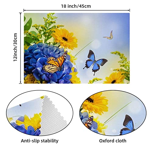 Sets de table de cuisine bleus à fleurs pour repas en terrasse