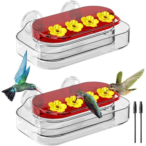Redboat 2 Pack Window Hummingbird Feeder, Strong Suction Cup Hummingbird Feeder with 4 Feeding Ports, Easy to Clean and Refill Plastic Humming Bird Feeder, 10oz