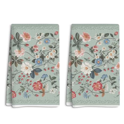 2 Pcs Ultra Soft Absorbent Floral Kitchen Towels, Absorbent Decorative Sage Green Herbs Leaves Kitchen Towels, Suitable for Kitchens Homes Bathrooms Restaurant Hotel Cafe Farmhouse Dinner Party Decor