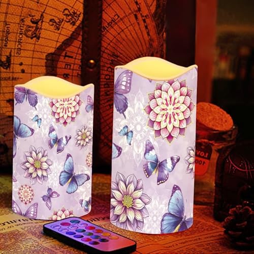 Image of Purple Butterfly Floral Plastic Flameless Candles with Remote Control and Timer LED Flickering Battery Electric Pillar Candles for Table Home Decoration