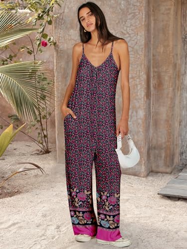 Image of ANRABESS Women Jumpsuits 2026 Casual Sleeveless Spaghetti Strap Boho Wide Leg Rompers Summer Outfits Beach Vacation Clothes