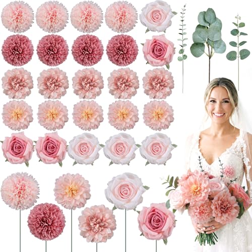 XunYee 50 Pcs Fake Artificial Flowers with Stem Eucalyptus Leaves Silk Fake Flowers for Vase...