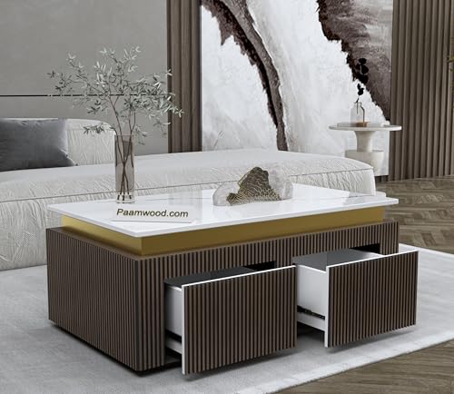 Image of Luxury Marble-Top Wooden Center Table for Living Room | Louvers | Modern Entryway Furniture | Coffee Table (24 inchX42 inchX17 inch)
