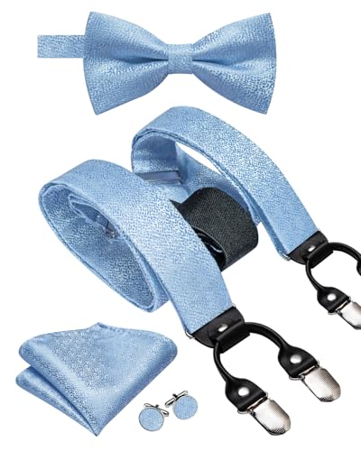 Image of Dubulle Suspender and Bow Tie for Men Paisley Solid Mens Suit Braces Pretied Bowtie and Handkerchief Cufflinks Formal Wedding