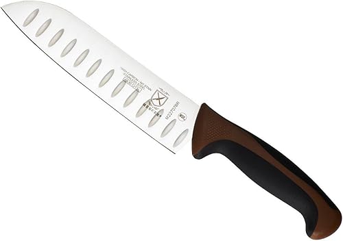 Mercer Culinary Millennia - Cuchillo Santoku (borde Granton) con mango de color, 7 pulgadas, color marrón