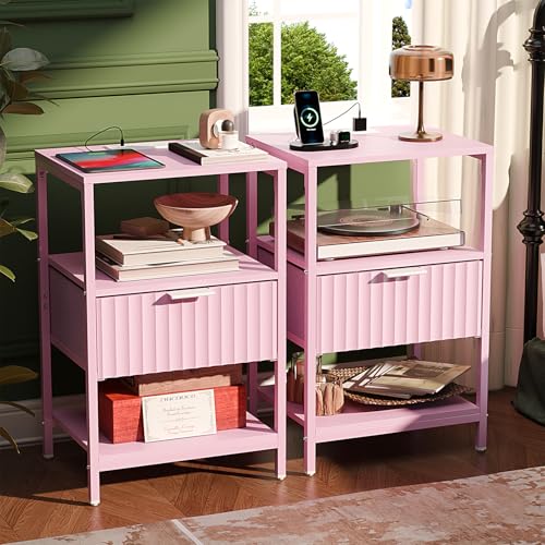 Image of VINGLI Nightstands Set of 2 with Fabric Drawer, Pink Nightstands with Charging Station, Fluted Nightstand Pink Bedside Table /End Table for Bedroom, Night Stand Small for Kids Room, 2 pcs