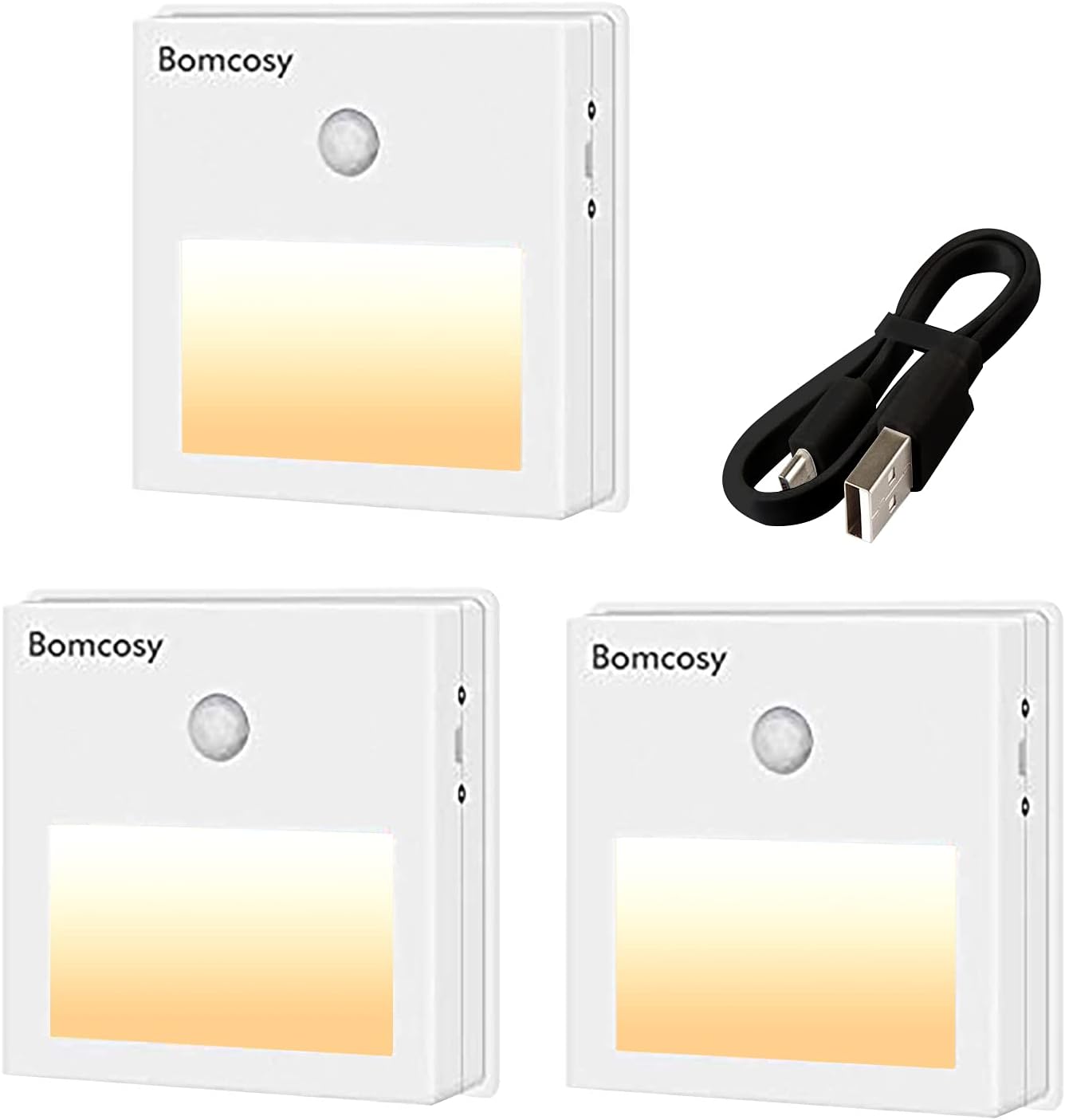 Night Light, Bomcosy USB Rechargeable LED Motion Sensor Light, Removable Magnetic Strip Stick-On Cupborad, Wardrobe, Closet, Kitchen, Stairs, Bedroom, Hallway (3 Pack)