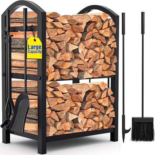 Amagabeli Firewood Rack Fireplace Tool Rack Indoor Wood Holders Fireplace Outdoor Log Holder Rack Lumber Storage Stacking Black Stove Wrought Iron Large Logs Bin Fireplace Tools Set Tongs Accessories